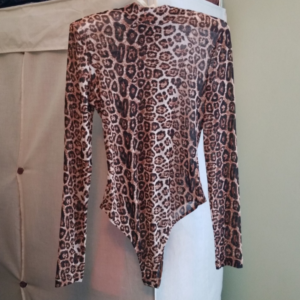 Leopard Print  Mock Neck Sheer Top